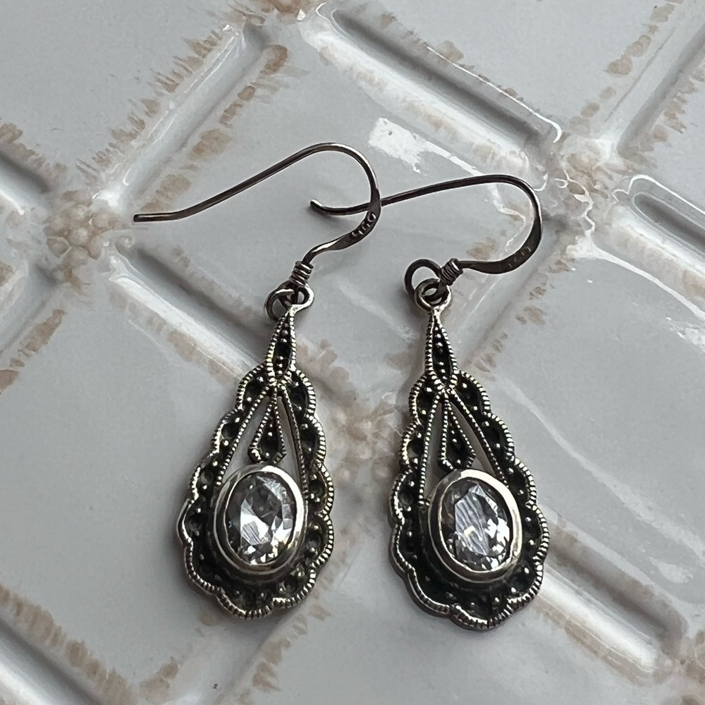 Dangle Earrings Vintage Sterling Silver Marcasite Clear Stone NOS